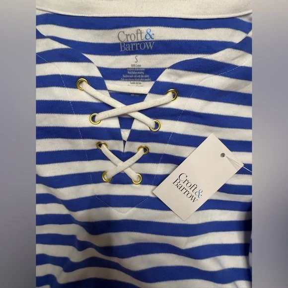 NEW Woman’s Croft & Barrows Knit Lace-Up Neck T-Shirt Blue/White Striped Dress S - Picture 6 of 6